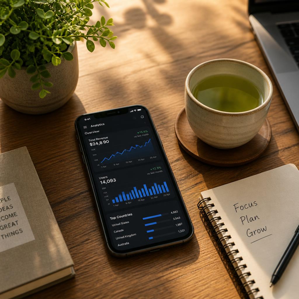 A wooden desk with a smartphone showing analytics graphs, a cup of green tea, and a small plant, warm sunlight, professional composition